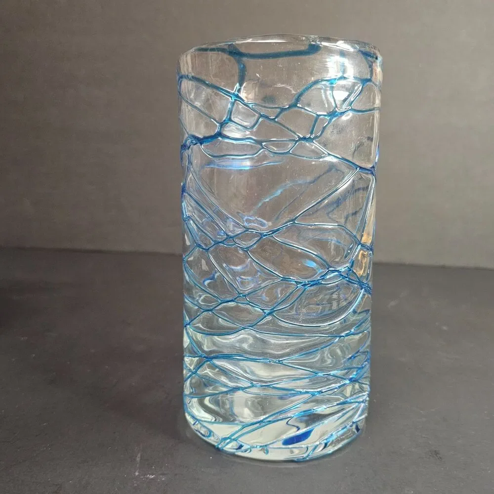Handmade Mexican Style Glass Vase Clear with Blue Swirls 8